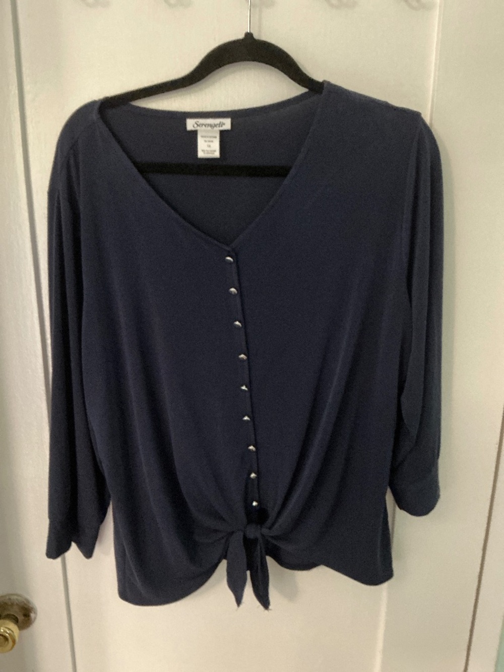 Serengeti Navy Tie Front Top 1X V-Neck 3/4 Sleeve Blouse